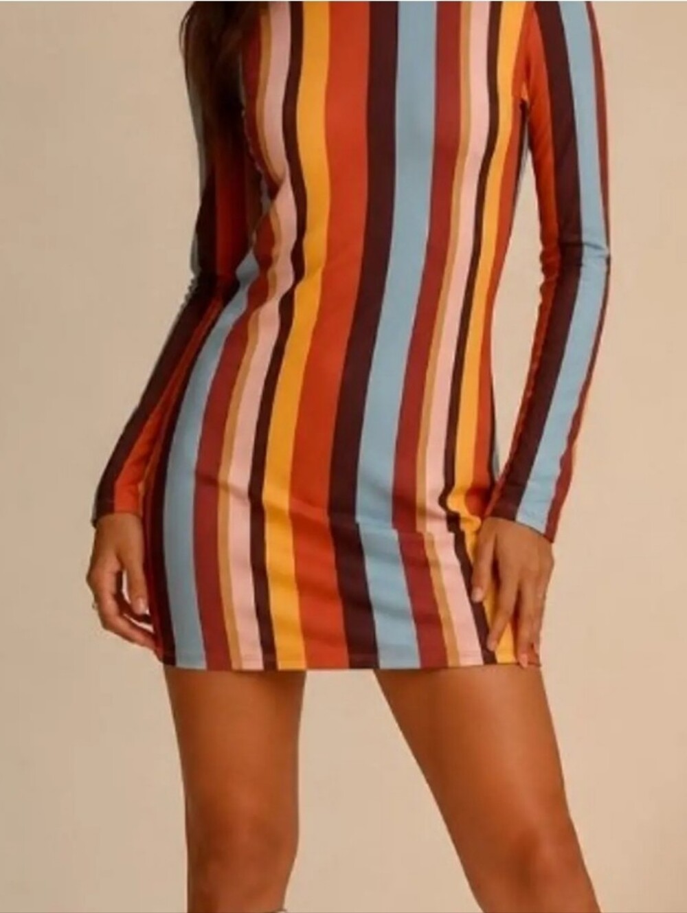 Forever 21 Multicolor Retro Stripe Long-Sleeve Bodycon Mini Dress Size S